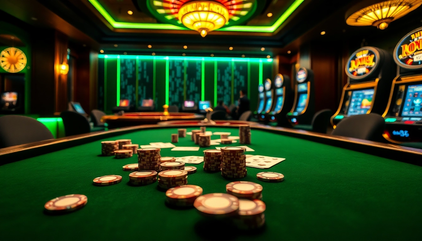 Engaging gambling scene with poker table chips and data china theme integrated.