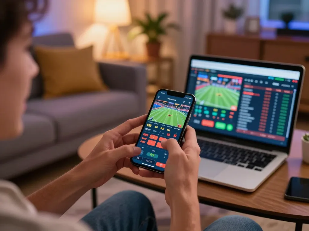 IDNSCORE betting action on mobile app with player checking live sports odds in a cozy home environment.