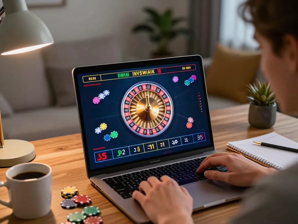 hm88 online betting excitement with roulette gameplay on laptop in cozy home setting