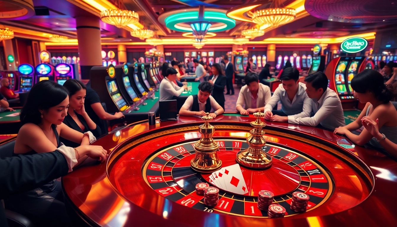 Engage with QQ888 gaming as players enjoy thrilling roulette and slots in a luxurious casino.