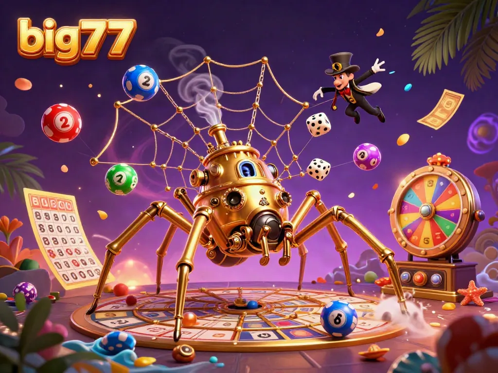 Witness dynamic big777 gameplay with a steampunk spider capturing luck as colorful lottery elements fly around.