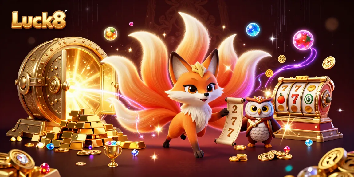 Experience the vibrant gaming world of Luck8 with a colorful nine-tailed fox and casino treasures