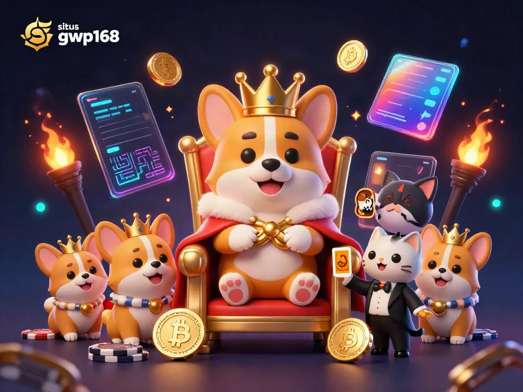 Gambarkan situs gwp168 dengan corgi kerajaan dan elemen kasino di latar belakang berkilauan.