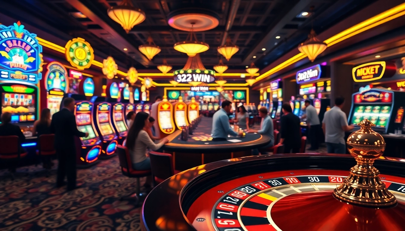 Engaging casino scene featuring players at 32WIN Com poker table and exciting slot machines.