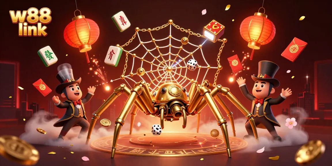 Win big with w88 link as a steampunk spider captures dice in a vibrant casino-themed scene.