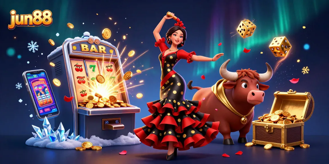 Experience thrilling gameplay at jun88 with a dynamic 3D casino scene featuring lucky symbols and vibrant characters.
