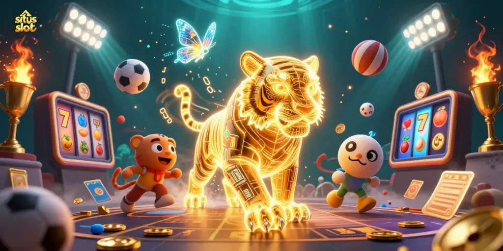 Menangkan jackpot di situs slot dengan simbol buah dan jackpot, dikelilingi oleh bola olahraga.