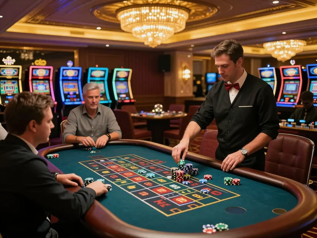 Players engaging in a thrilling game at the roulette table at ok365 casino, surrounded by opulent decor.