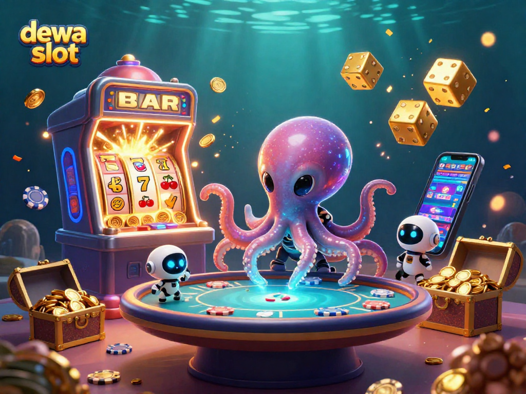 Keterampilan mengoperasikan meja poker holografis oleh dewa slot dengan latar belakang permainan kasino yang meriah.