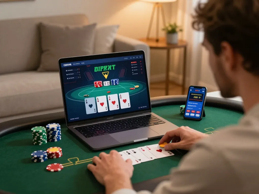 Engaging scene of player using n188 com for online poker strategy and gameplay at home
