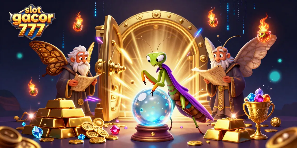 Slot gacor 777 menunjukkan keberuntungan dengan mantis peramal dan harta berkilau.