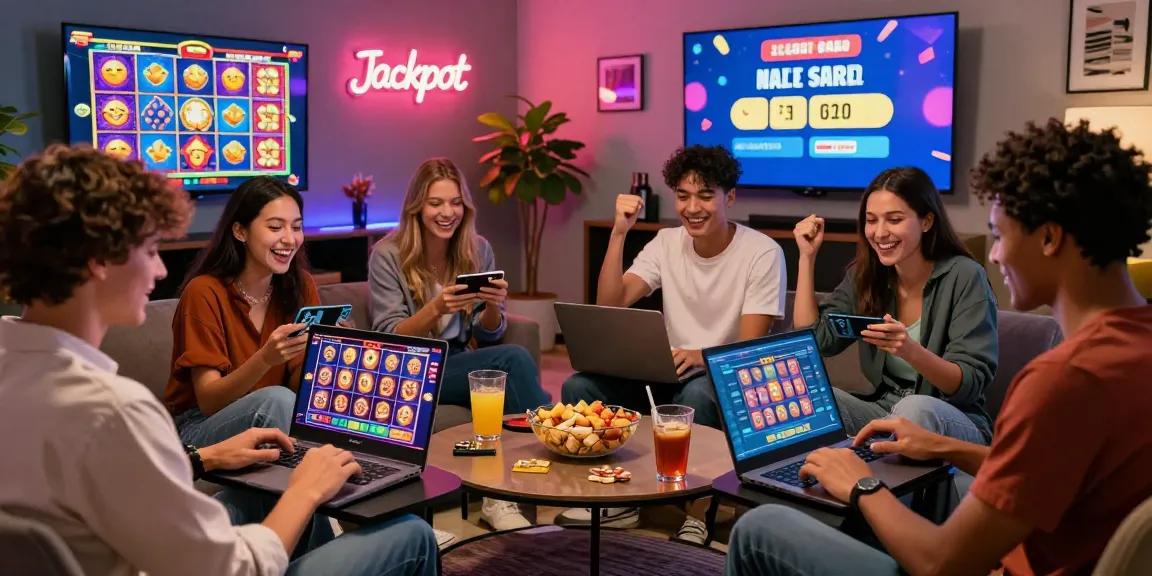 Friends enjoying gaming at credit card casinos at https://dea.org.uk, surrounded by vibrant slot game graphics and snacks.