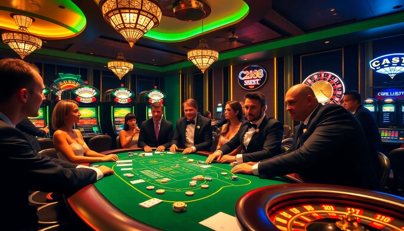 C 168 gaming experience with players at blackjack table and vibrant casino lights.