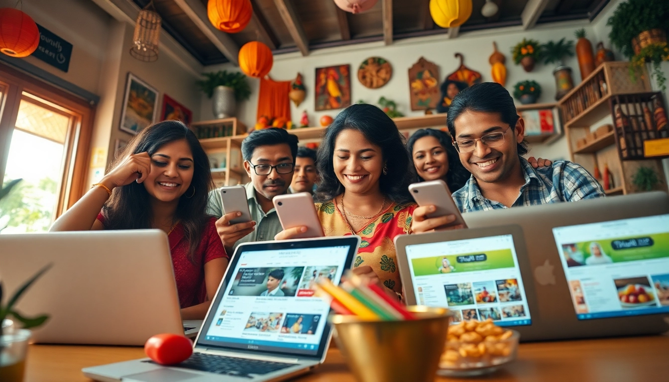 Dynamic marketplace scene illustrating Hela Add, showcasing diverse Sri Lankans engaging with digital classifieds.