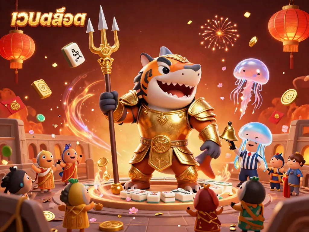 Experience the excitement of เว็บสล็อต in this vibrant 3D illustration featuring a gladiator shark and festive elements.
