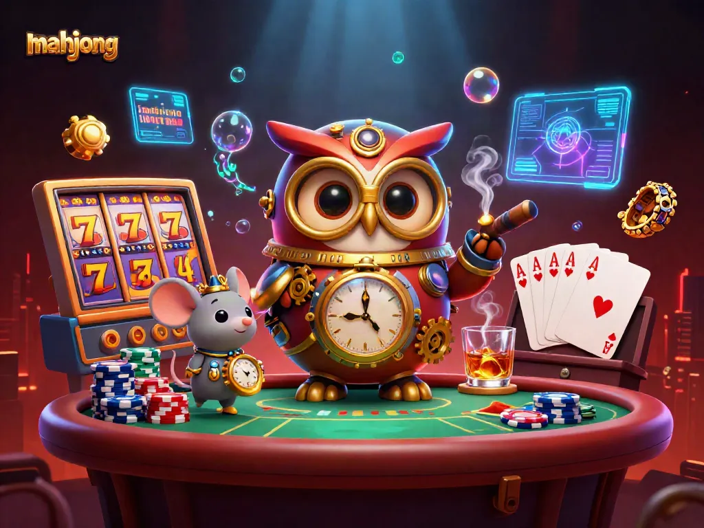 Permainan mahjong slot dengan elemen kasino yang penuh warna dan menampilkan karakter animasi.