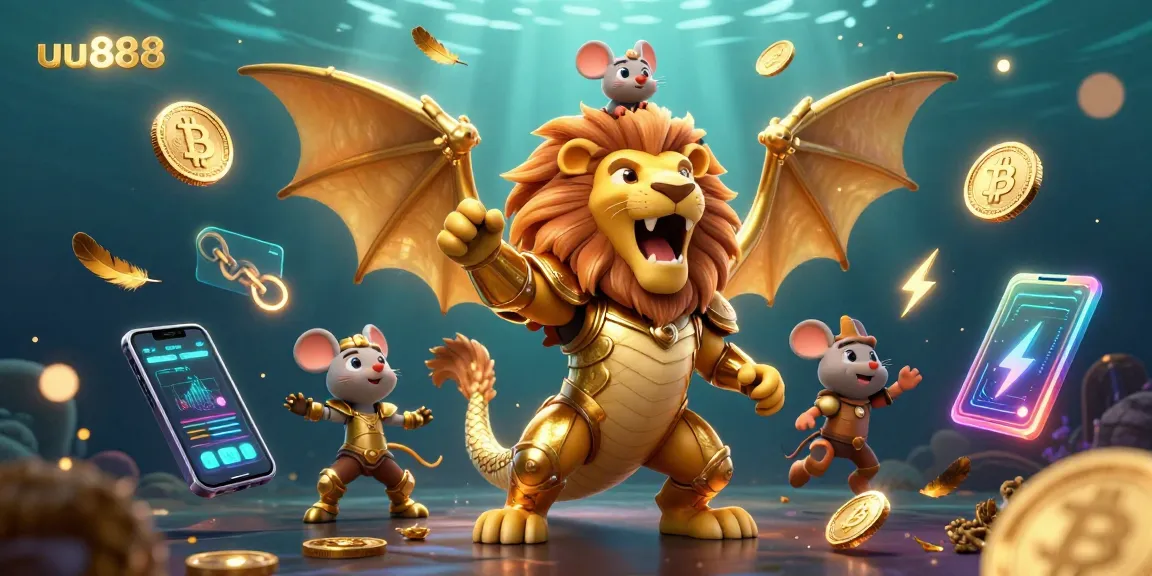 Join the thrill of uu888 with a roaring chimera, crypto coins, and dazzling casino elements in this vibrant 3D scene.