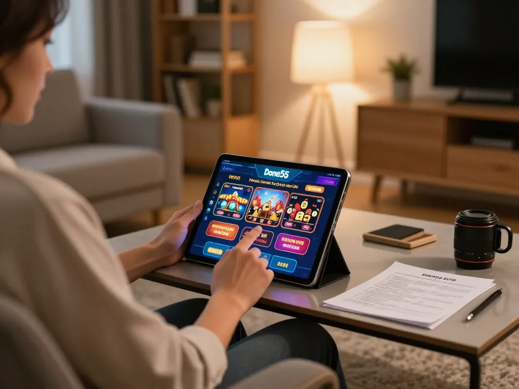Engaging with done55 app while enjoying online casino gaming at home, showcasing strategic planning and comfort.