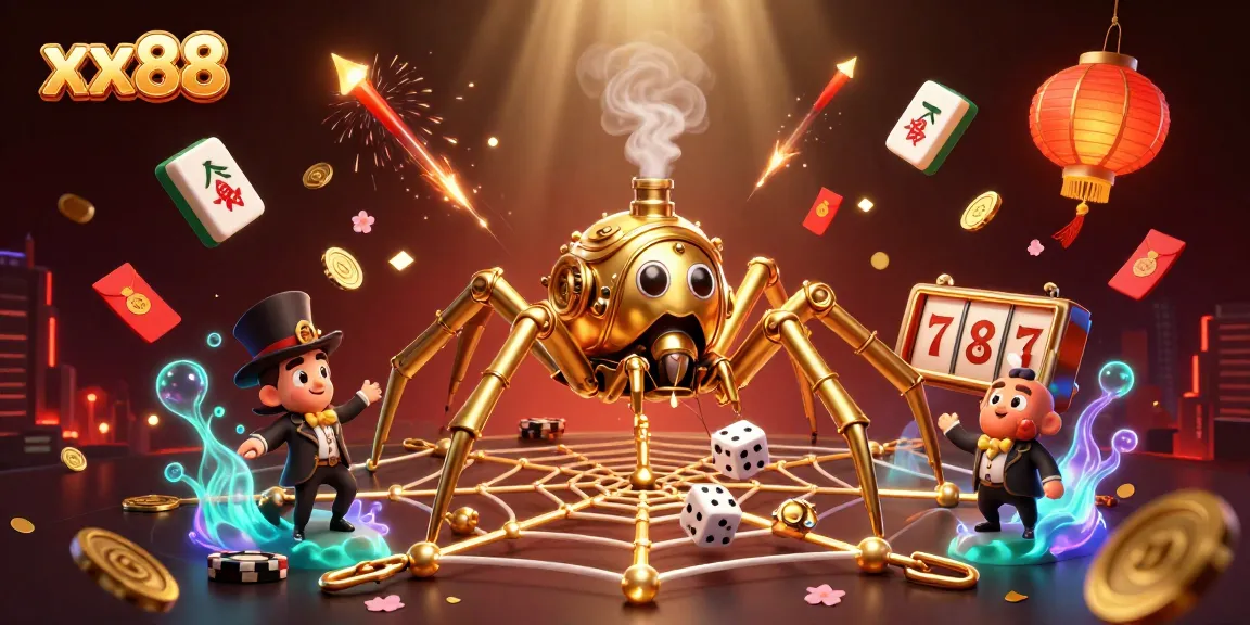 Spin to win with xx88 in a vibrant casino-themed illustration featuring a golden spider and lucky elements.