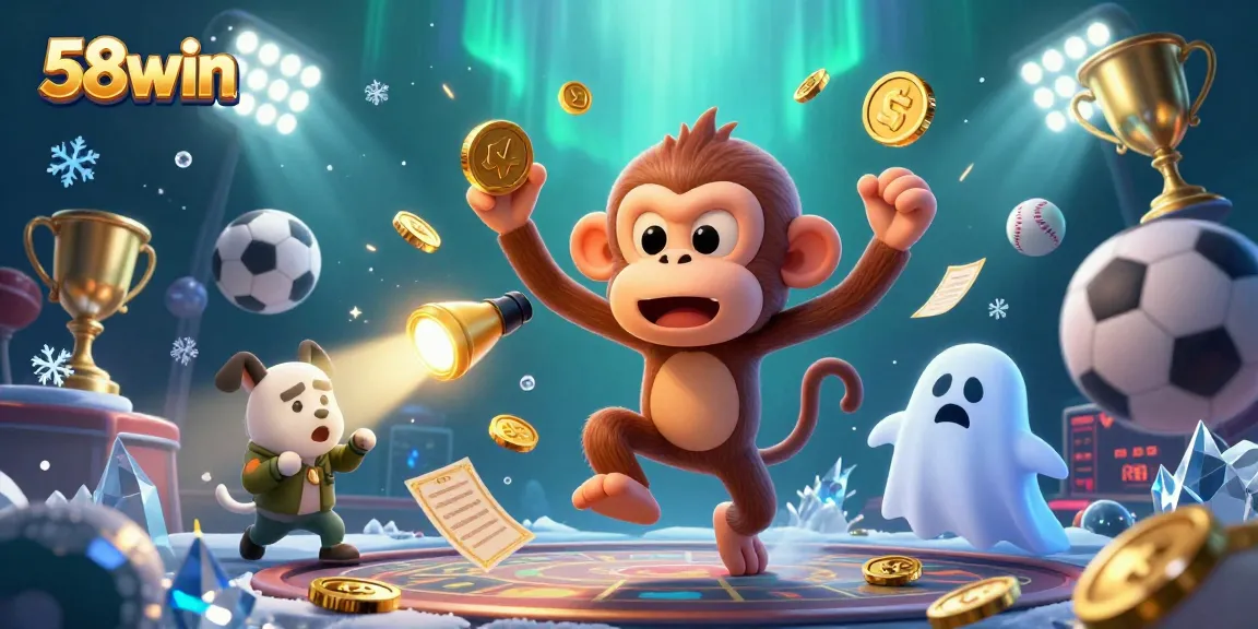 Engage in thrilling gambling action at 58win with a playful ghost monkey juggling coins and chips.
