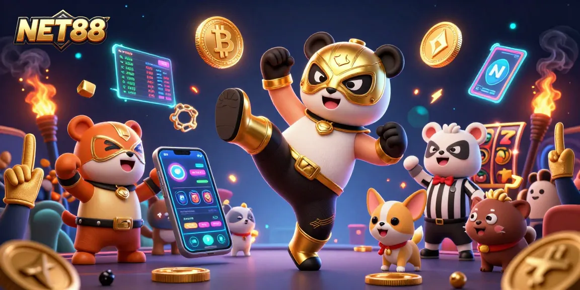 Engage with NET88 as a panda wrestler performs in a vibrant crypto casino scene filled with excitement.