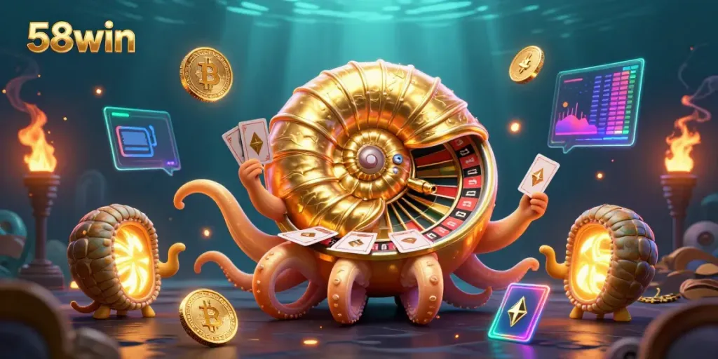 Join the action at 58win with a vibrant casino scene featuring a giant nautilus roulette wheel.