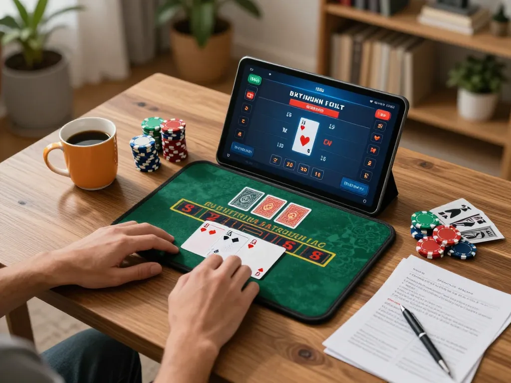 Engaging with lc88 online blackjack strategy at home, focusing on betting chips and game interface.