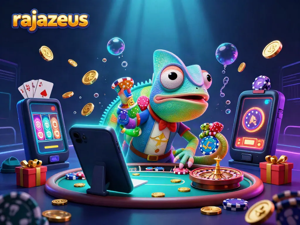 Menangkan jackpot dengan rajazeus, ikuti permainan kasino slot yang penuh warna dan koin emas yang jatuh.