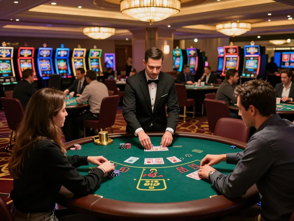 gbong players strategizing bets at an upscale blackjack table in a vibrant casino setting