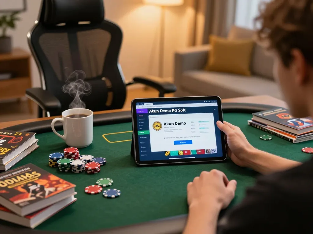 Akun Demo PG Soft ditampilkan di tablet sementara seorang pemain terlibat dalam strategi taruhan online di rumah.