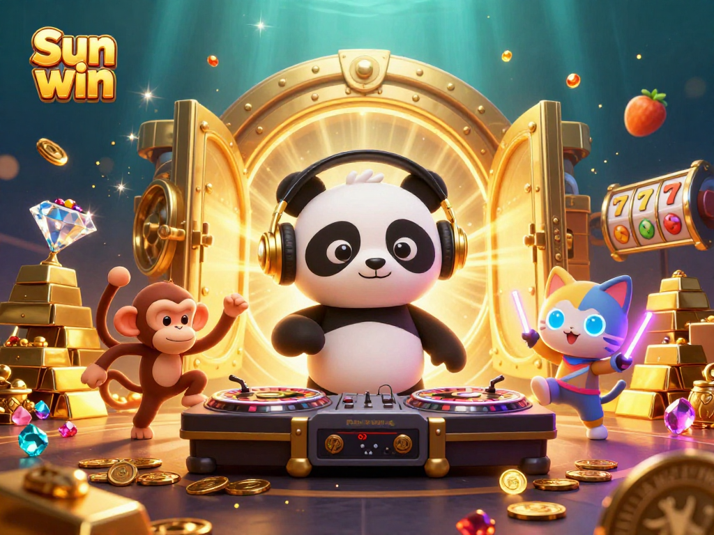 Experience the thrill of Sun win with energetic characters in a vibrant, casino-themed scene.