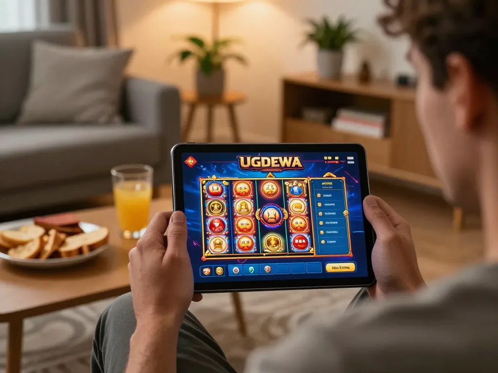 Player enjoying UGDEWA mobile casino app, showcasing vibrant slot games in a cozy home.