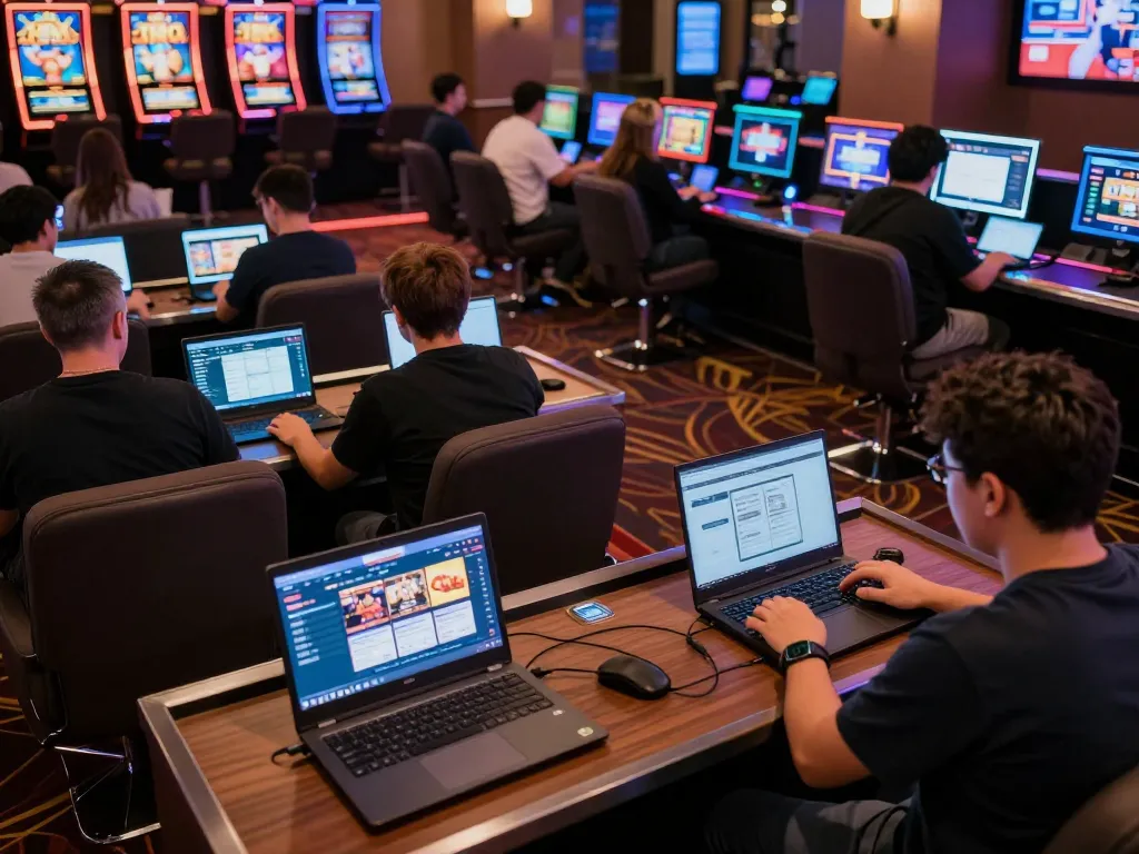 Nego77 players actively engaging in online casino gaming session with modern devices and vibrant atmosphere.