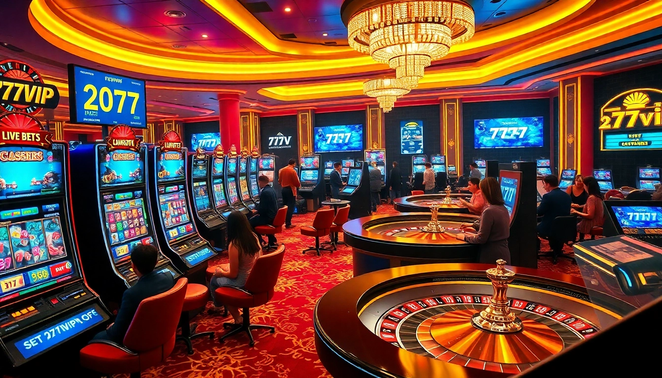 Experience gaming excitement with 777vip's vibrant online casino interface featuring slot machines and roulette wheels.