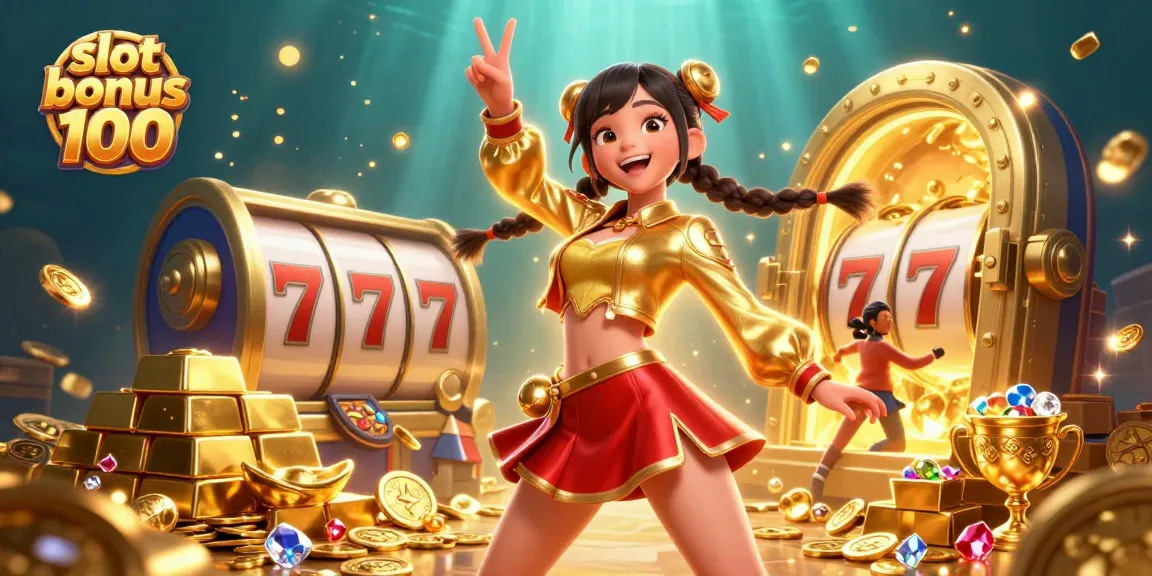 Experience the excitement of the slot bonus 100 with vibrant 3D casino elements and a joyful atmosphere.