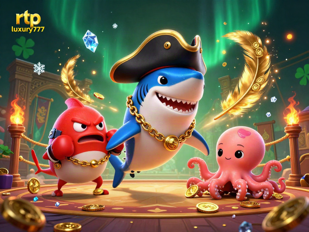 Gambarkan rtp luxury777 dengan hiu kartun berpakaian kapten dan octopus lucu dalam suasana kasino
