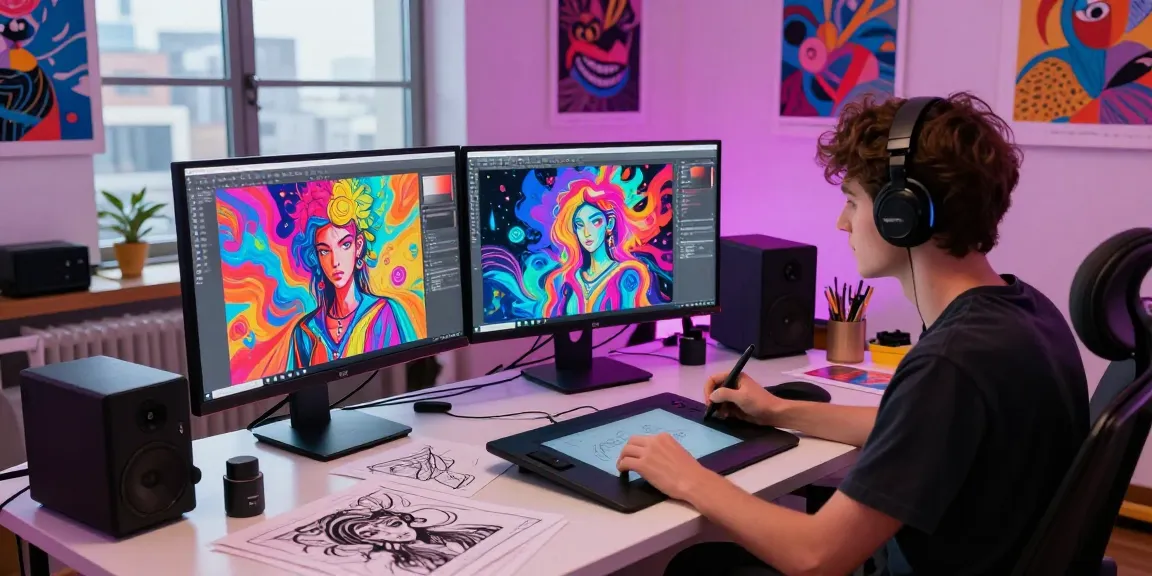 Creating NSFW AI images in a vibrant digital art studio with dual monitors, artistic tools, and neon lighting.