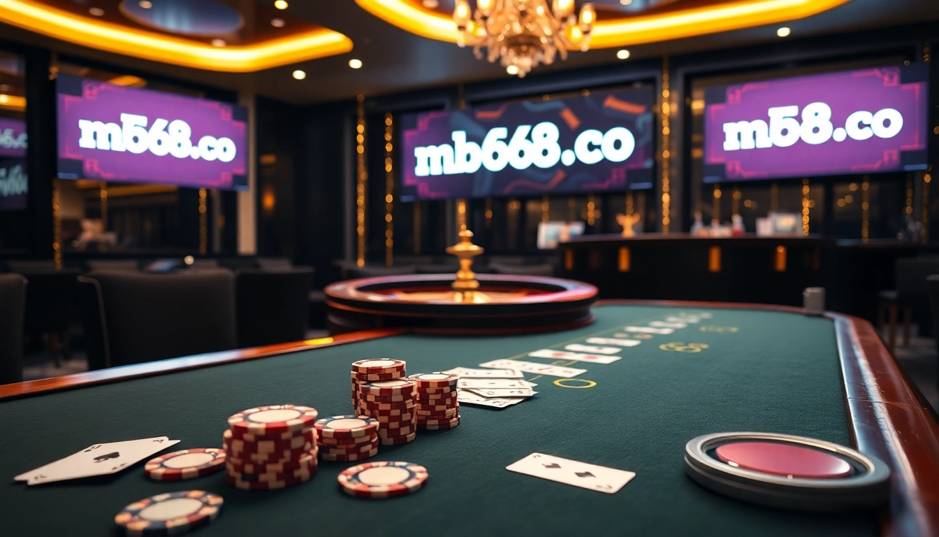 Experience the excitement of mb668.co with a vibrant poker table full of players, cards, and chips.