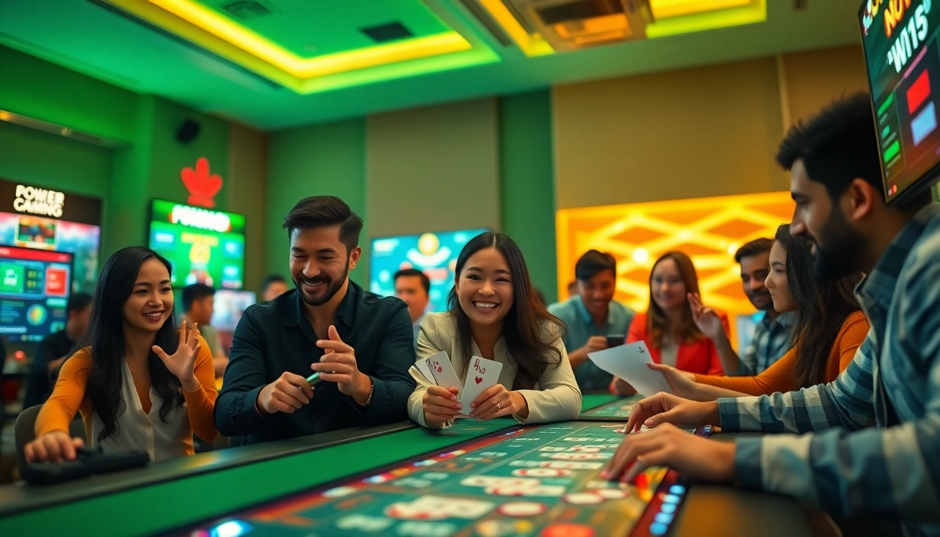 Players enjoying bolagacor games in a modern online casino setting filled with excitement and vibrant colors.
