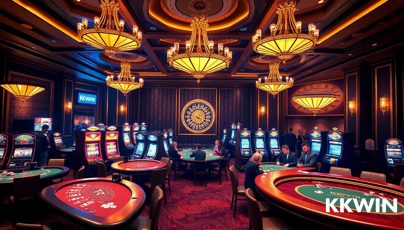 Engaging scene at Nhà Cái KKWIN casino featuring players at gaming tables and vibrant slot machines.