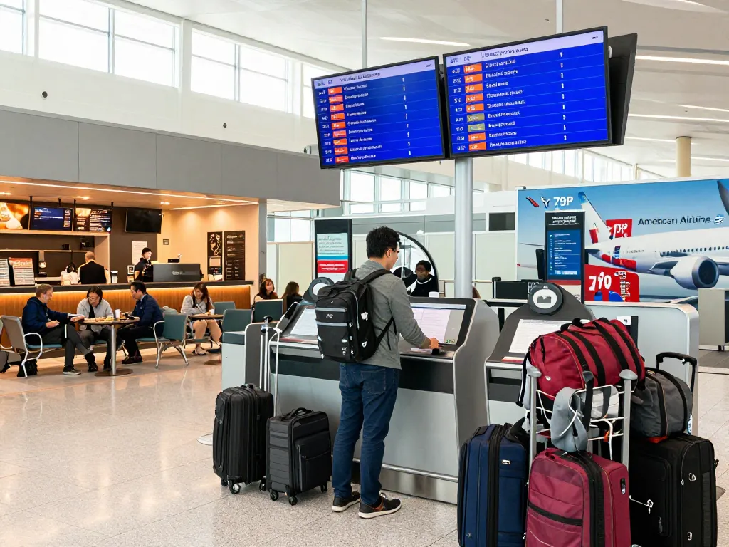 Excited traveler preparing for a flight on the 789P at a busy airport terminal with vibrant atmosphere.