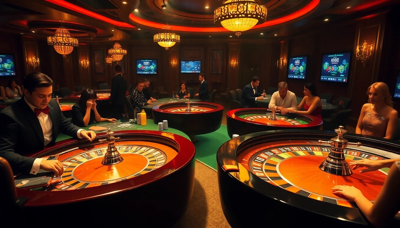 Experience the excitement of "new88 đăng nhập" as players engage in high-stakes poker and roulette in a vibrant casino setting.