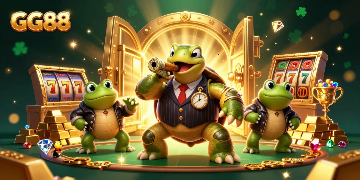 Engage with GG88's lively casino atmosphere featuring a turtle mobster and frog enforcers amidst treasures and slot elements.