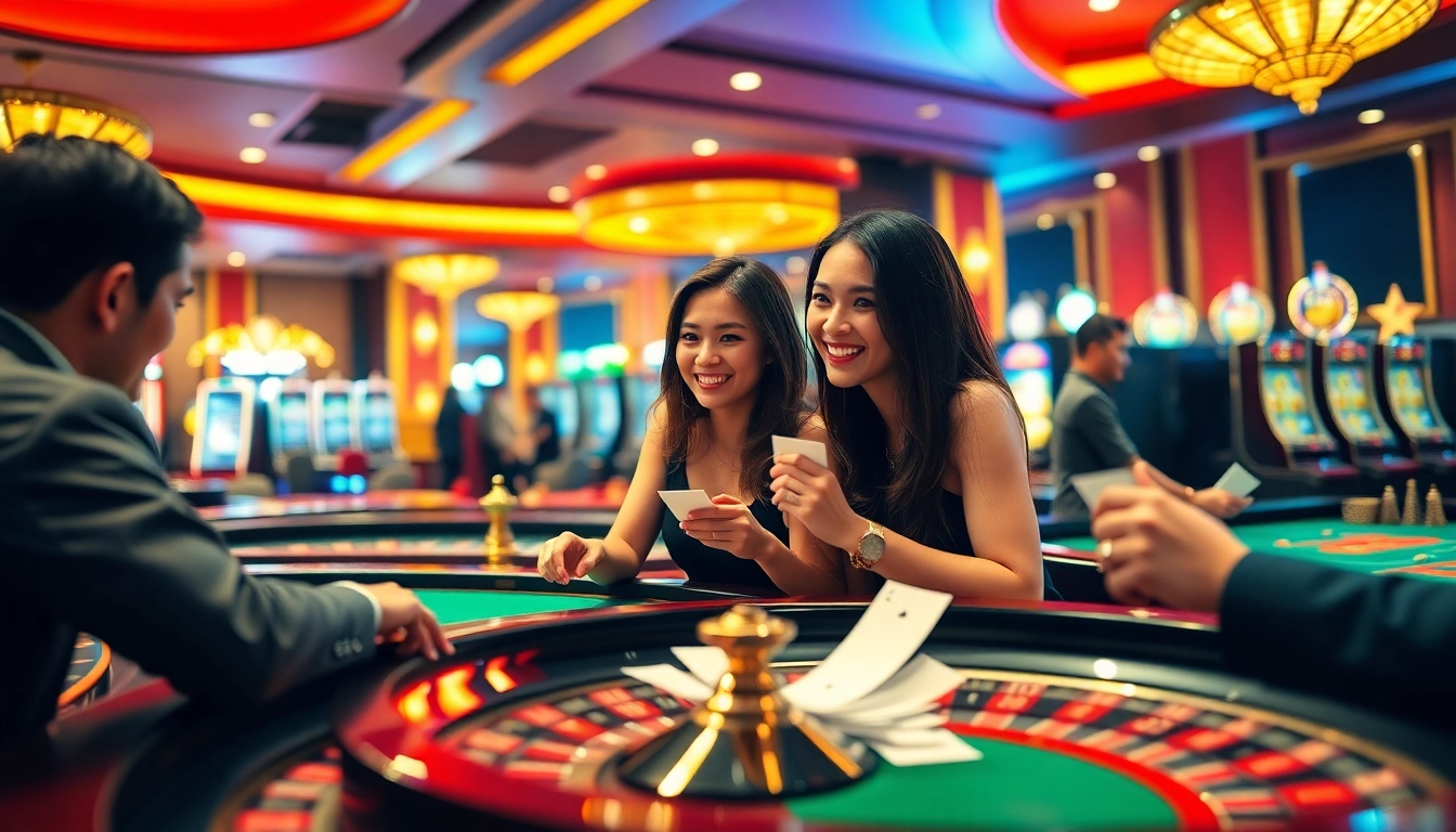Experience the excitement of go 88. com with players at a roulette table and vibrant casino atmosphere.