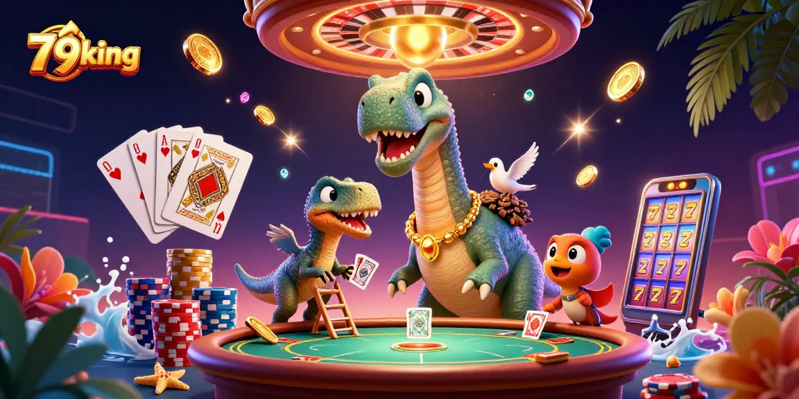 Experience thrilling action with 79king's casino atmosphere featuring a giant brontosaurus and card dealer.