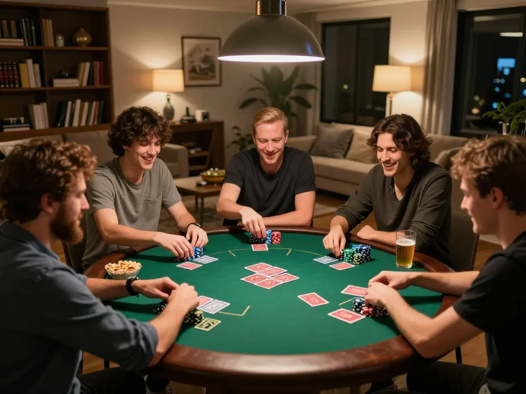 Luck8 poker night with friends creating a lively atmosphere around a card table.