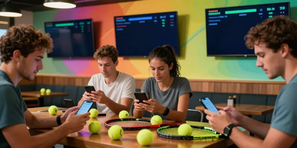 Excited bettors enjoying live tennis betting experiences at statymuzona.lt with vibrant sports bar atmosphere.