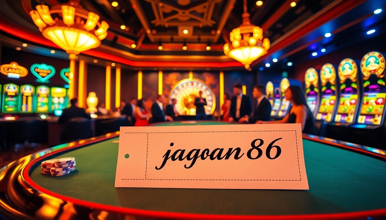 Players strategizing at a blackjack table in a luxurious casino branded with jagoan86, highlighting a thrilling gambling atmosphere.