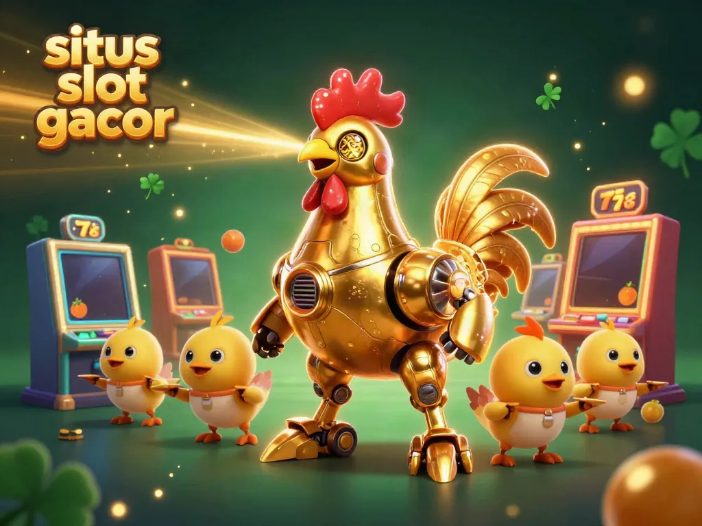 Gambarkan situs slot gacor dengan robot ayam emas futuristik dan mesin slot berwarna cerah.