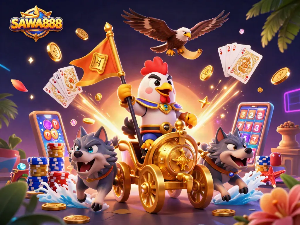 Play exciting games at SAWA888 with a colorful display of winning symbols and vibrant casino elements.